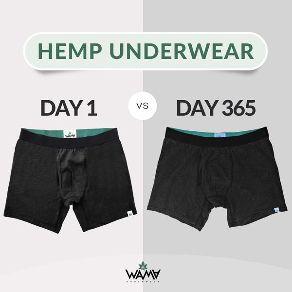 A split-screen comparison creative showcasing the durability of hemp underwear over a year of use.